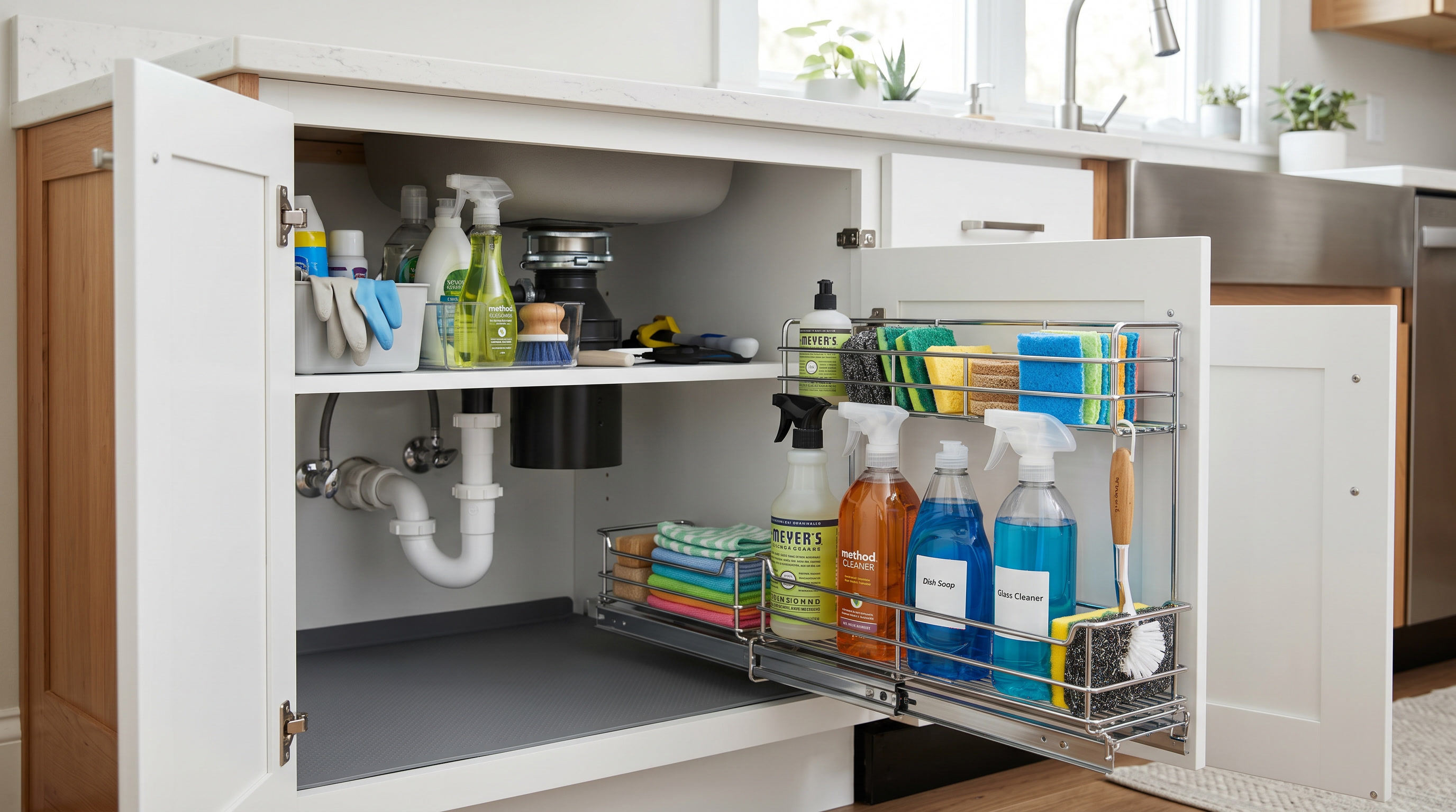 Organized under sink kitchen cabinet with pull-out chrome organizer and neatly arranged cleaning supplies