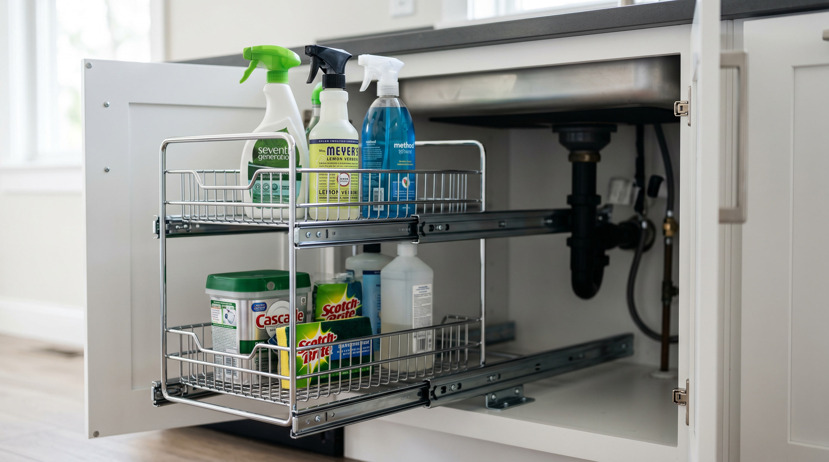 Chrome steel two-tier pull-out under sink organizer with cleaning spray bottles