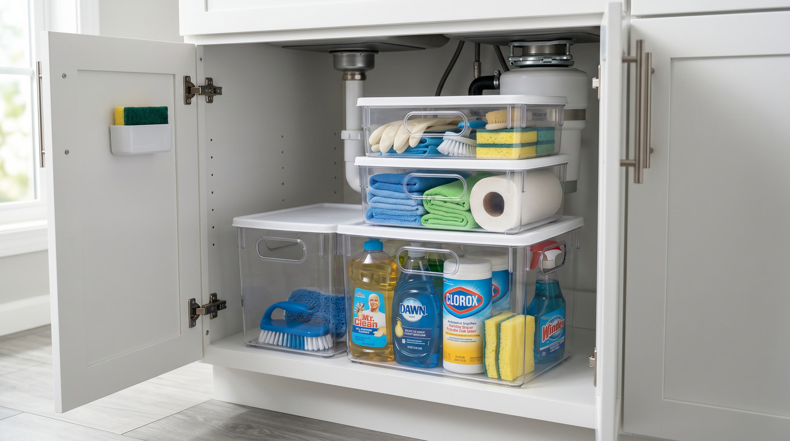 Stack of clear plastic storage bins inside kitchen cabinet, organized cleaning supplies