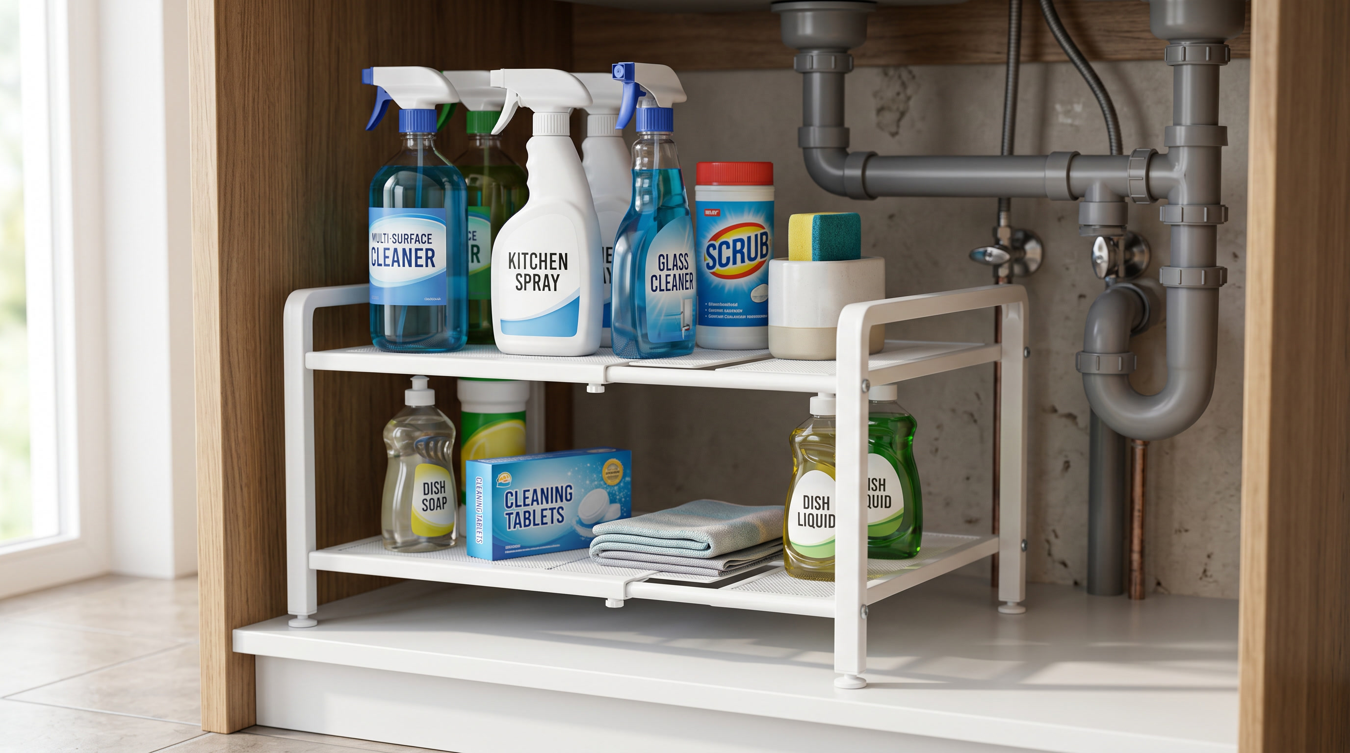 White steel expandable under sink rack with adjustable legs and two-tier shelf