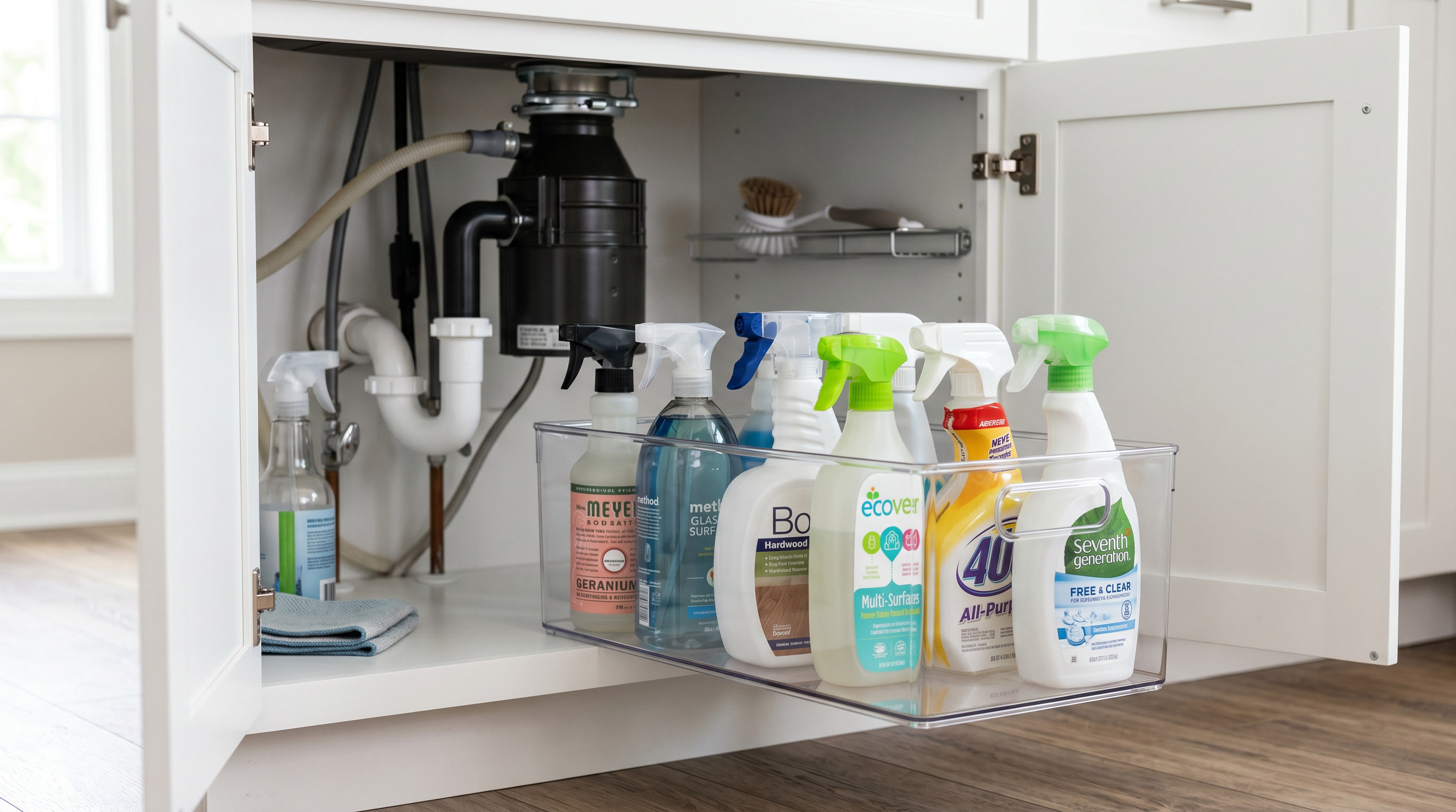 Clear plastic deep storage bin organizer with tall cleaning spray bottles standing upright