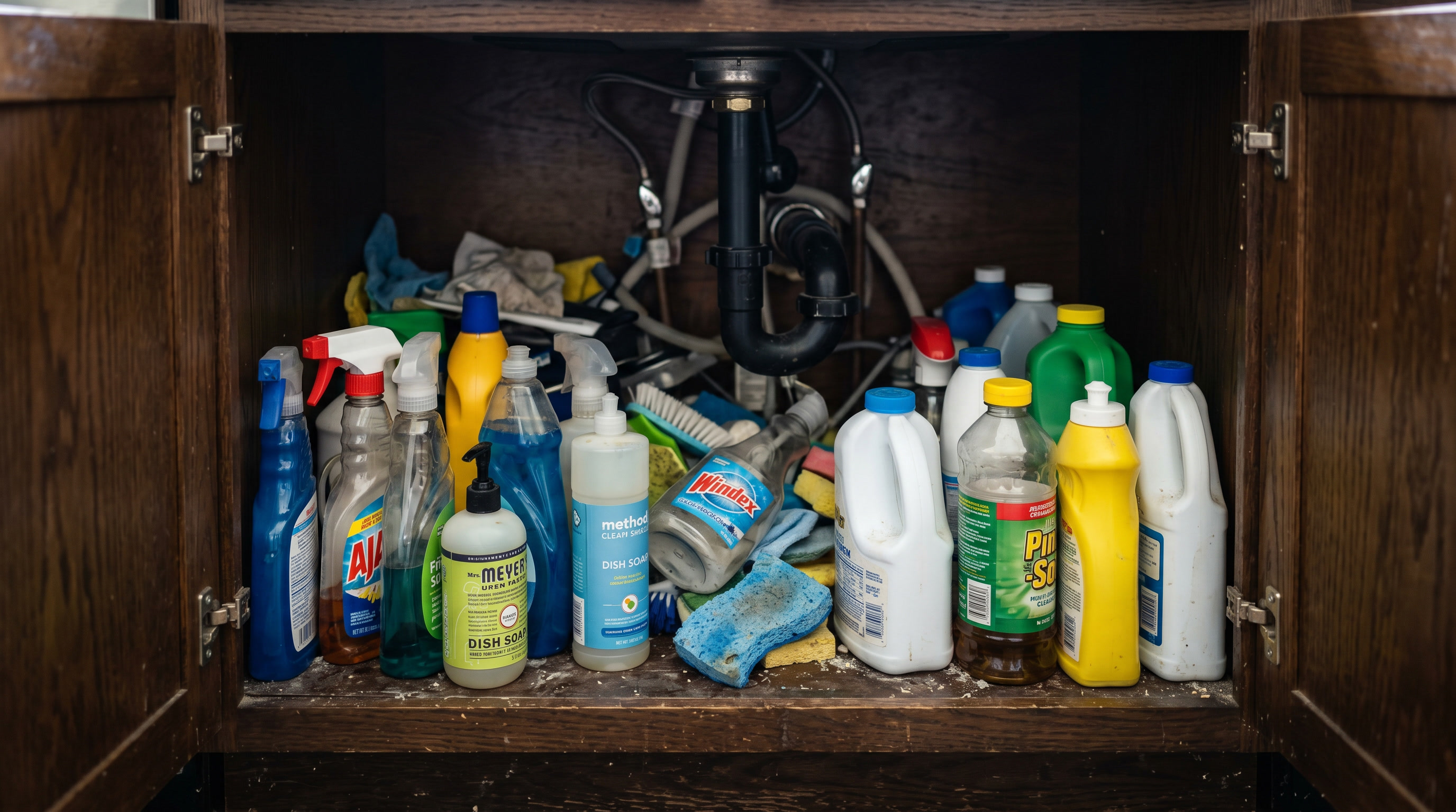 Messy disorganized cluttered under sink kitchen cabinet before organizing, bottles scattered