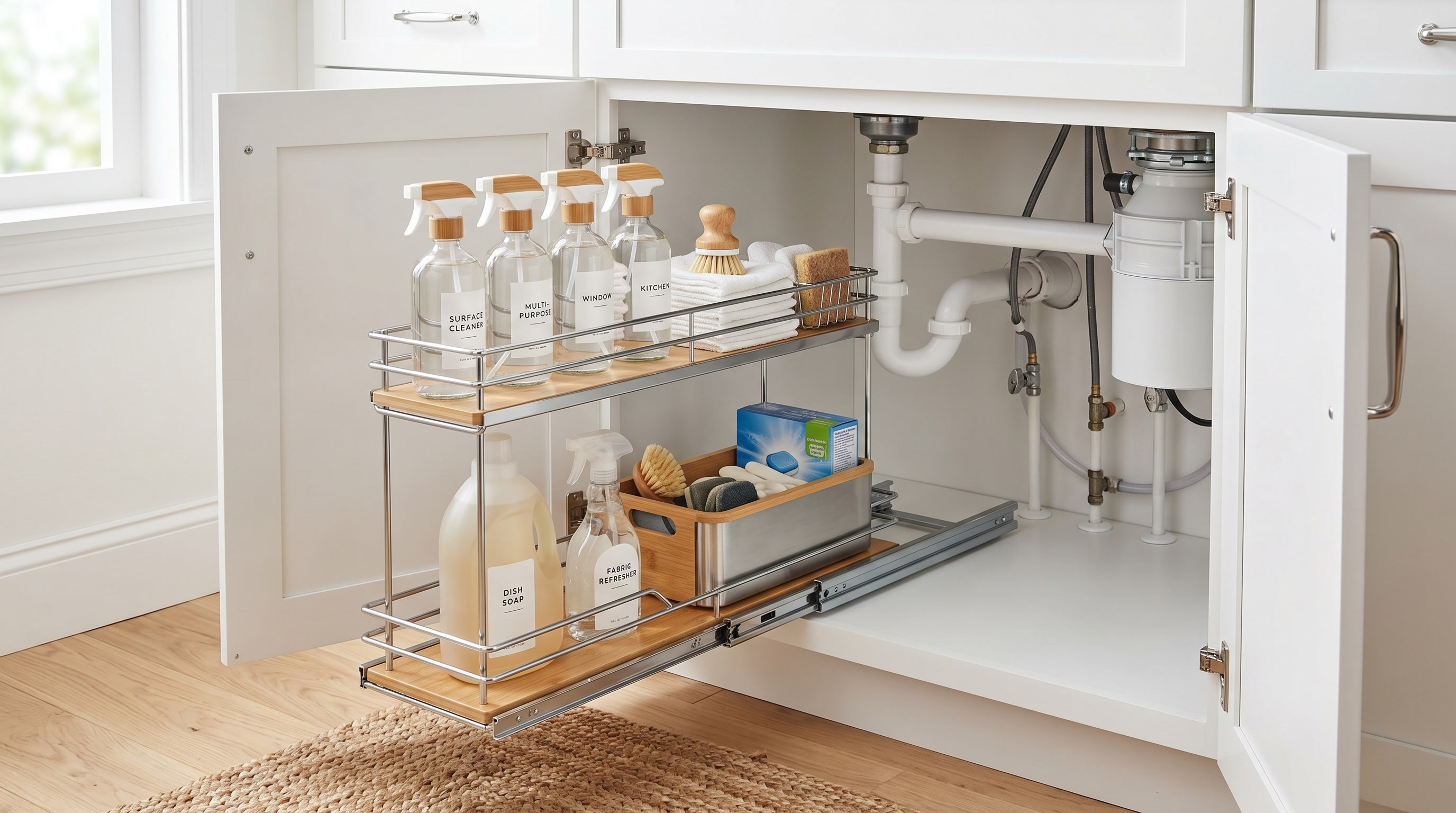 Perfectly organized under sink cabinet with tiered pull-out organizer, supplies neatly arranged