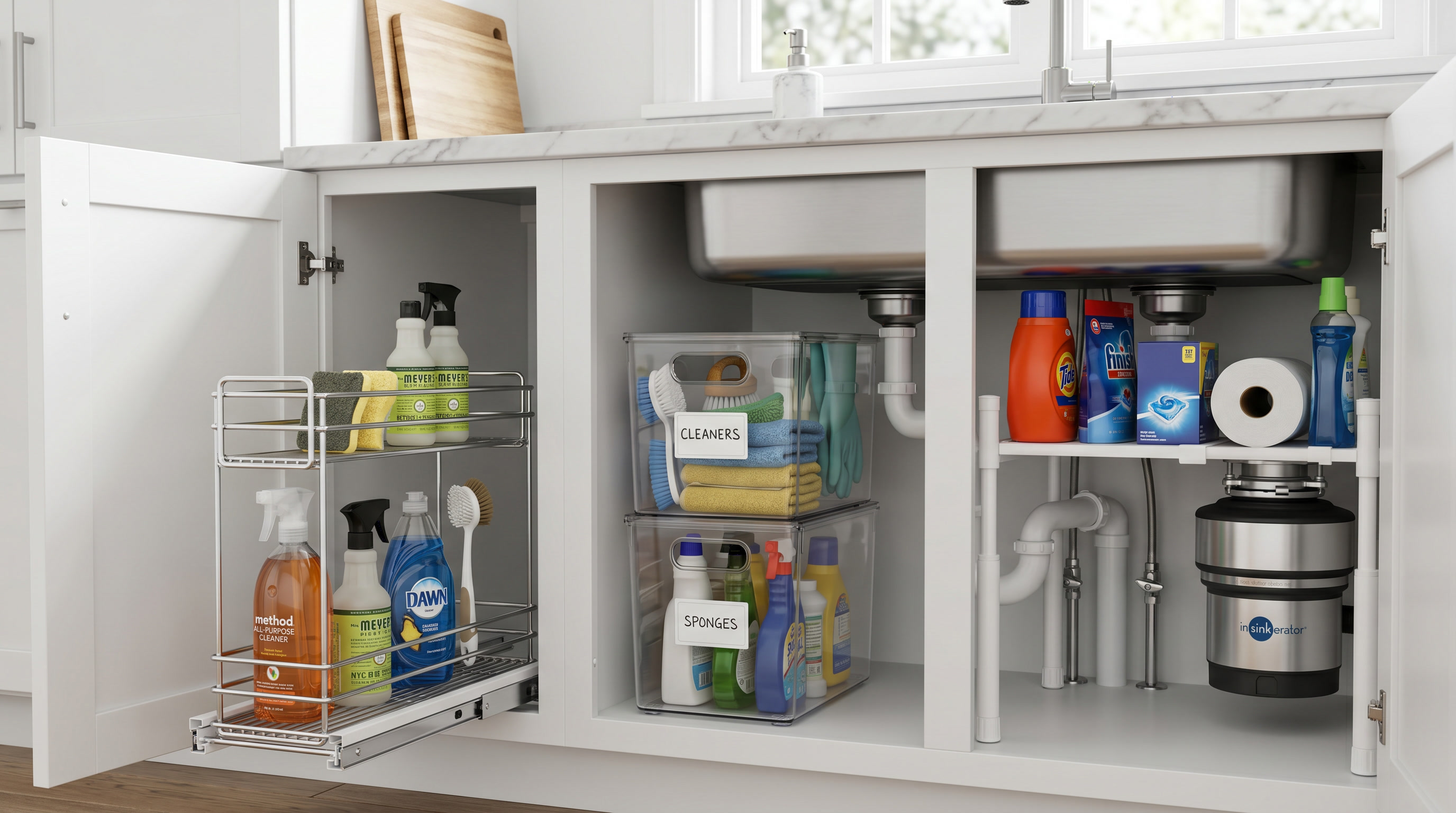 Side by side comparison of pull-out rack, stackable bins, and expandable shelf under sink organizers