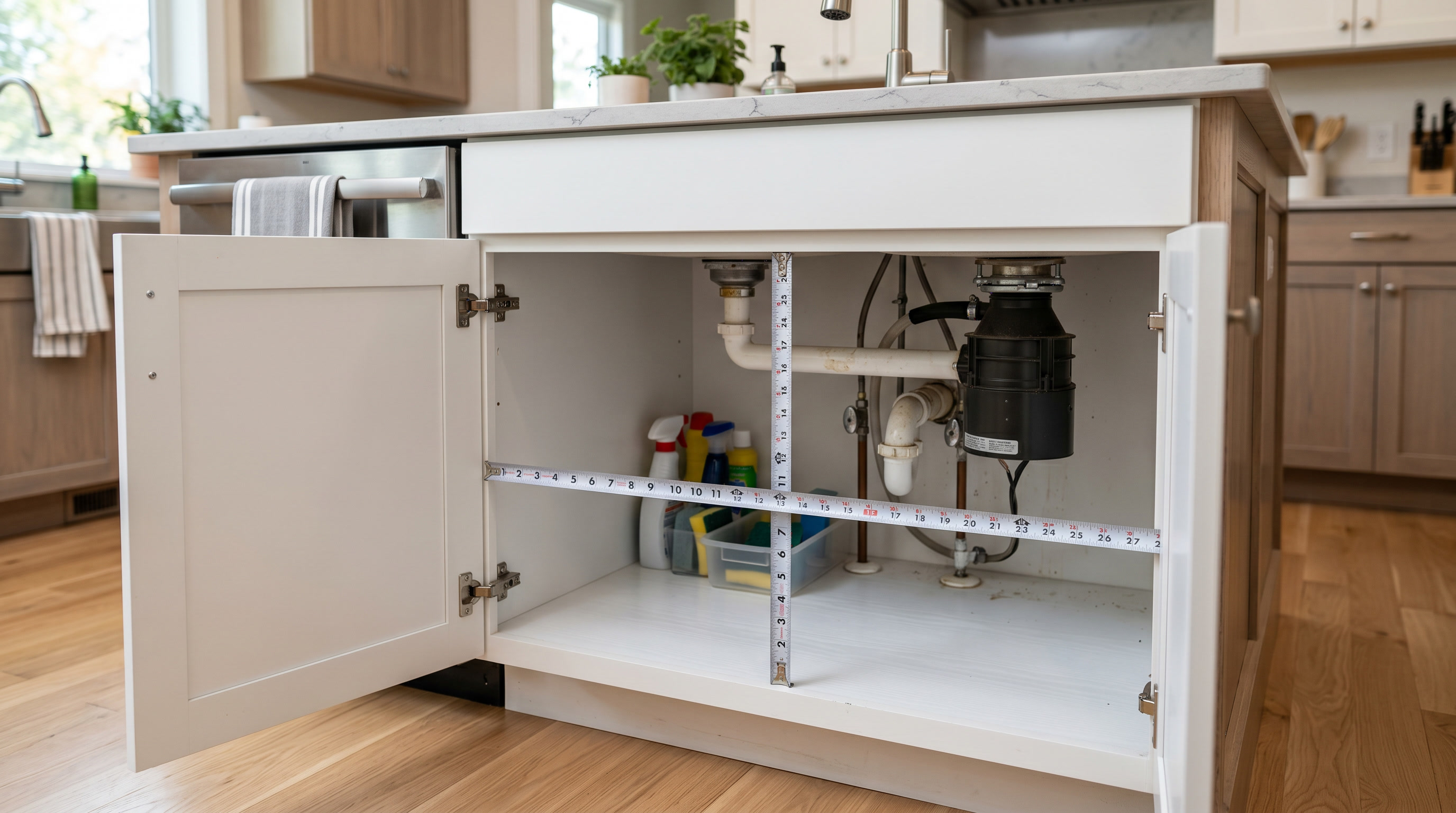 Kitchen cabinet under sink with measuring tape showing dimensions, preparing to install organizer